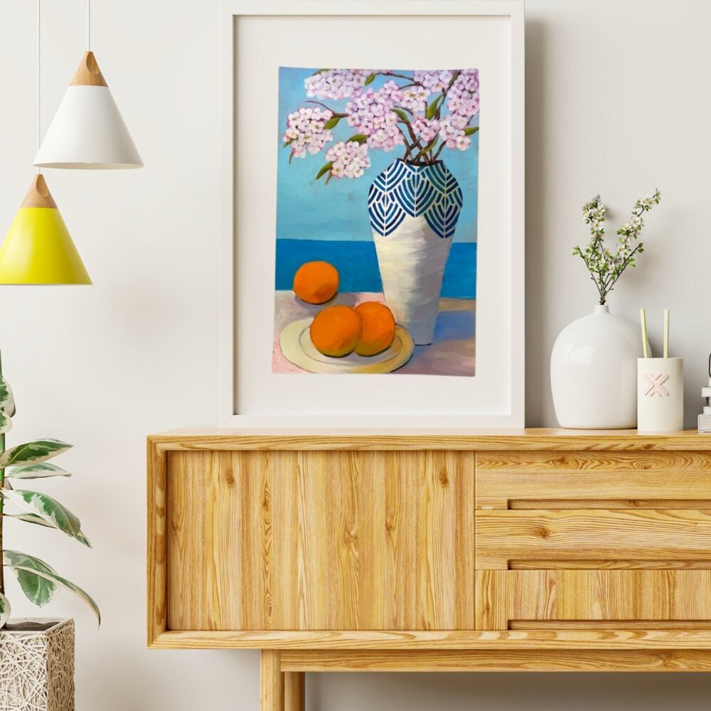 Cherry Blossoms  Oranges and Ocean Views Acrylic Painting for Coastal Charm - Picture 2 of 8